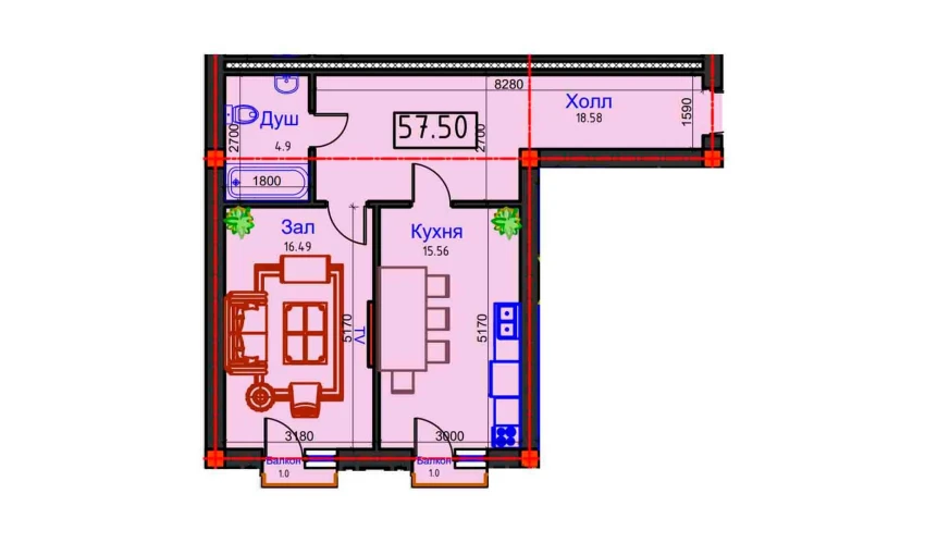 1-комнатная квартира 57.5 м²  6/9 этаж | Жилой комплекс BAHOR