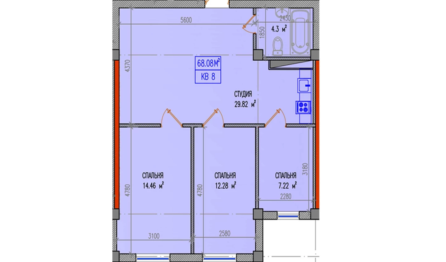 3-xonali xonadon 68.08 m²  2/9 qavat | Yuksalish Nurafshon Turar-joy majmuasi