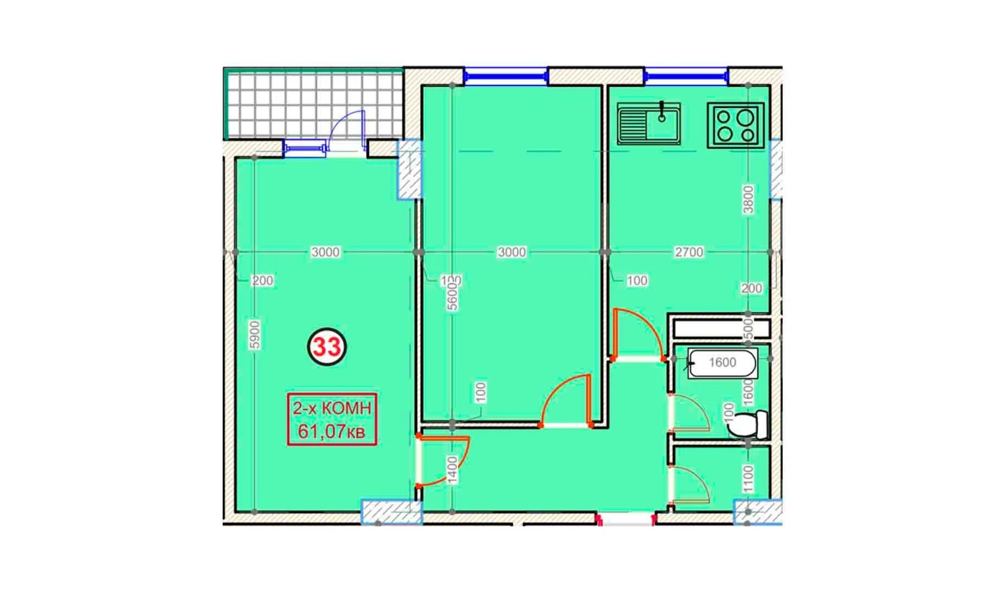 2-xonali xonadon 61.07 m²  6/9 qavat | XUMO Turar-joy majmuasi