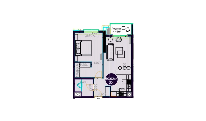 2-xonali xonadon 60.62 m²  16/22 qavat | Central Avenue Turar-joy majmuasi