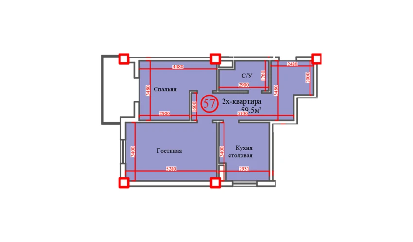 2-xonali xonadon 59.5 m²  1/14 qavat | Al-Barakat Turar-joy majmuasi