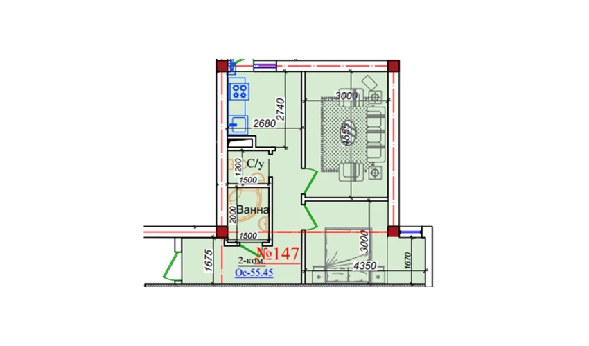 2-xonali xonadon 55.45 m²  3/9 qavat | ZAR ZAMONAVIY UYLAR Turar-joy majmuasi