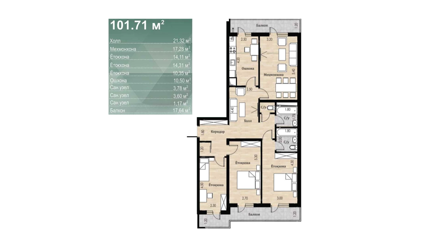 4-xonali xonadon 101.71 m²  1/16 qavat | SOKIN DIYOR Turar-joy majmuasi