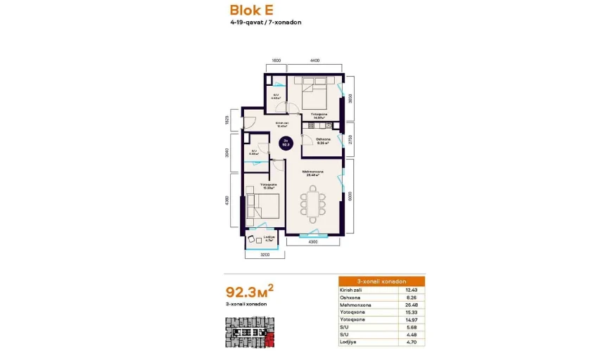 3-xonali xonadon 92.3 m²  10/20 qavat | Central Avenue Turar-joy majmuasi