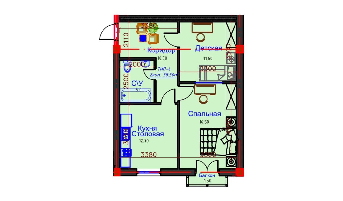 2-xonali xonadon 58.5 m²  9/10 qavat | AFROSIYOB Turar-joy majmuasi
