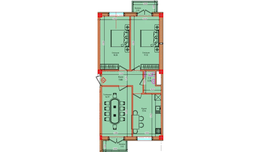 3-комнатная квартира 83.52 м²  7/8 этаж | Жилой комплекс Markaz