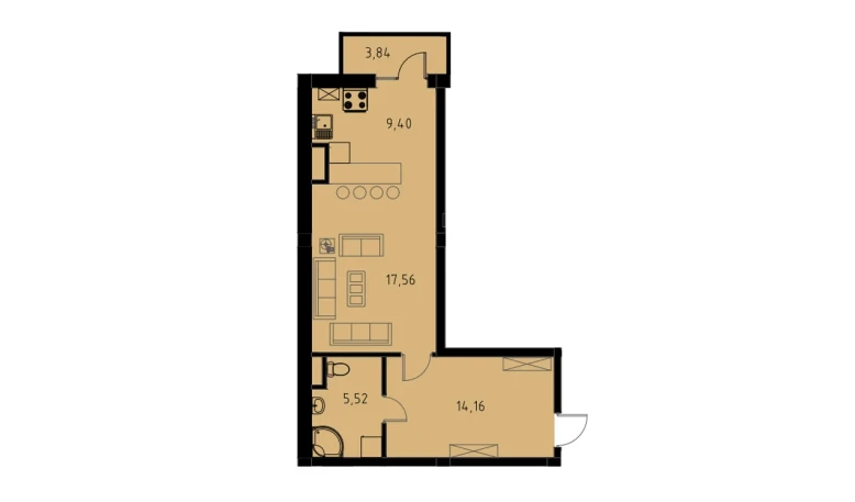 1-xonali xonadon 47.79 m²  6/9 qavat | MINGCHINOR Turar-joy majmuasi