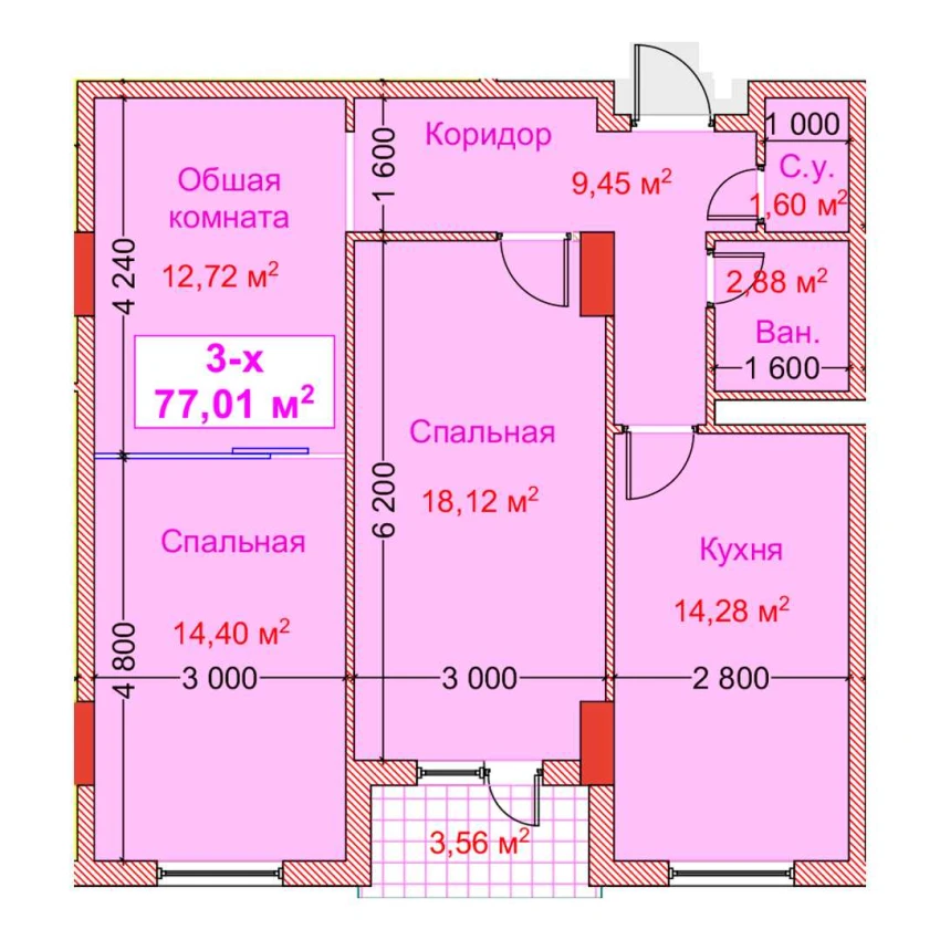 3-комн. квартира 77.01 м²  7/8 этаж | Жилой комплекс CAPITAL AVENUE