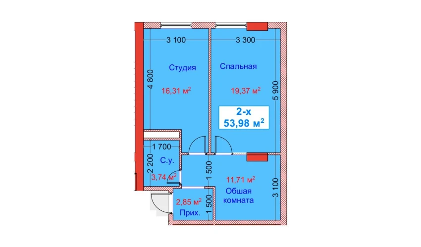 2-комнатная квартира 53.98 м²  2/8 этаж | Жилой комплекс CAPITAL AVENUE
