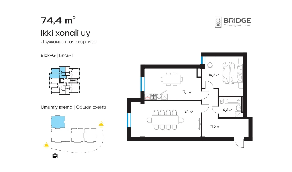 2-комн. квартира 74.4 м²  8/10 этаж | Жилой комплекс BRIDGE