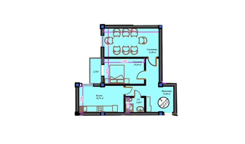 2-комнатная квартира 63.5 м²  10/11 этаж | Жилой комплекс ANHOR AVENUE