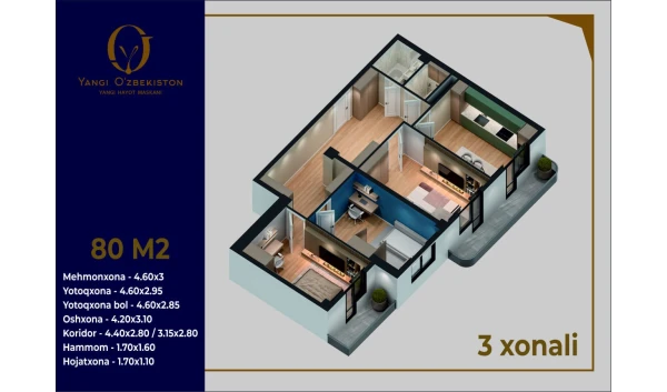 3-комнатная квартира 80 м²  3/9 этаж | Жилой комплекс Yangi O'zbekiston