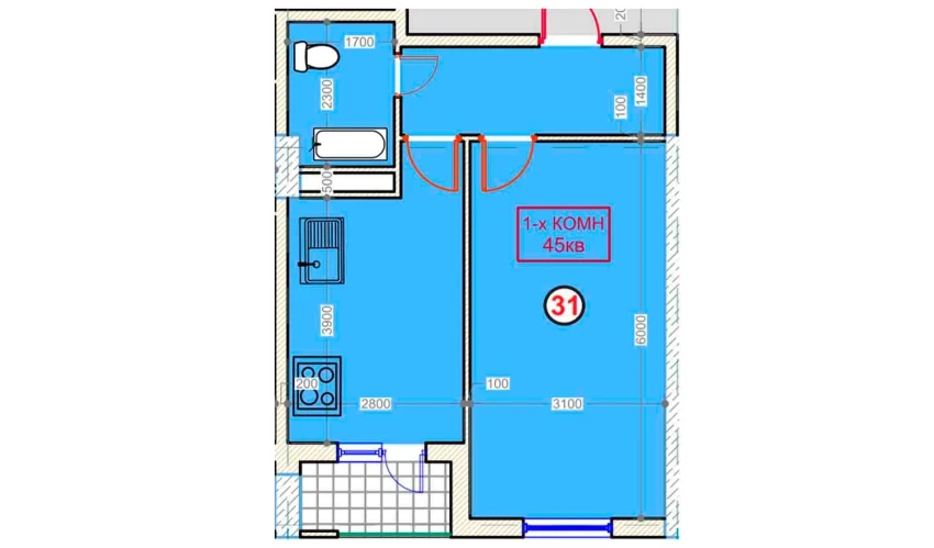 1-комнатная квартира 45 м²  4/9 этаж | Жилой комплекс XUMO