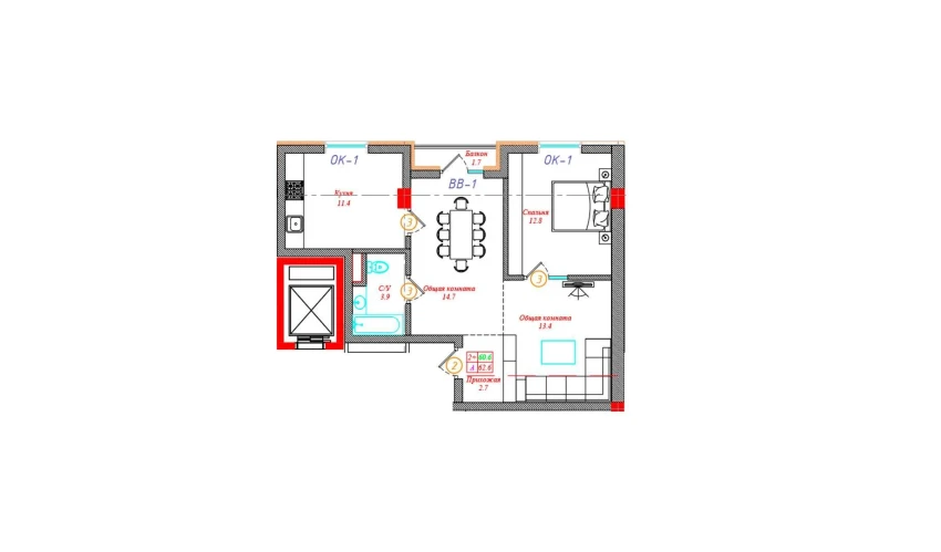 2-xonali xonadon 62.6 m²  12/12 qavat | CHINARA PARK Turar-joy majmuasi