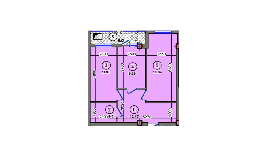 1-xonali xonadon 60.31 m²  2/10 qavat | Qibray City Turar-joy majmuasi