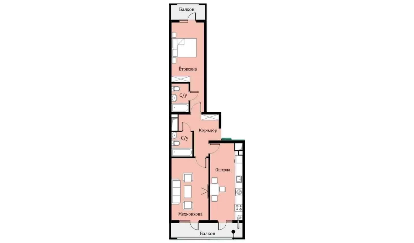 2-xonali xonadon 63.99 m²  12/16 qavat | SOKIN DIYOR Turar-joy majmuasi