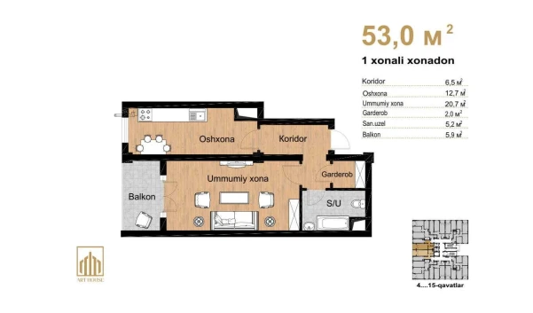 1-комнатная квартира 53 м²  13/16 этаж | Жилой комплекс Musaffo