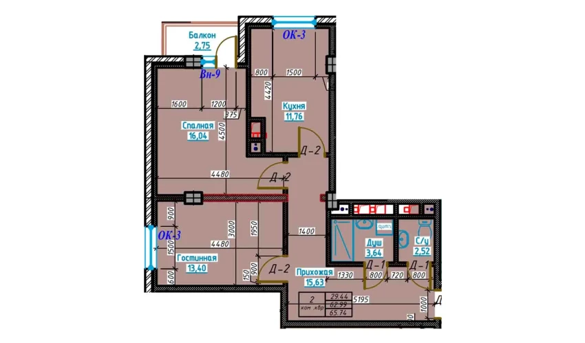 2-xonali xonadon 65.7 m²  3/13 qavat | Bog'dod City Turar-joy majmuasi