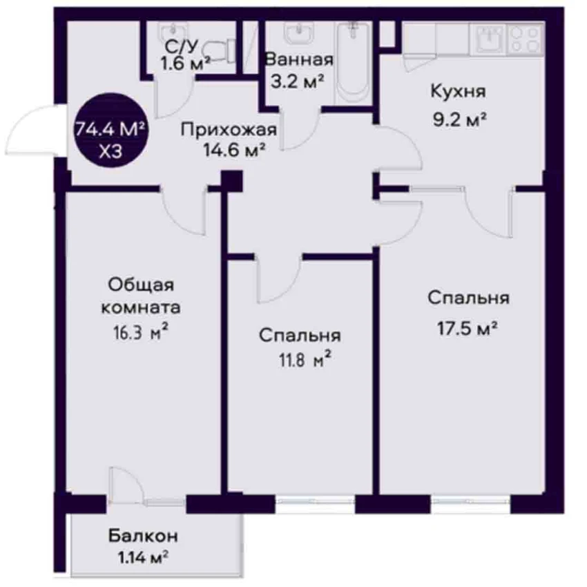 3-xonali xonadon 74.4 m²  3/7 qavat | YAQINLAR Turar-joy majmuasi