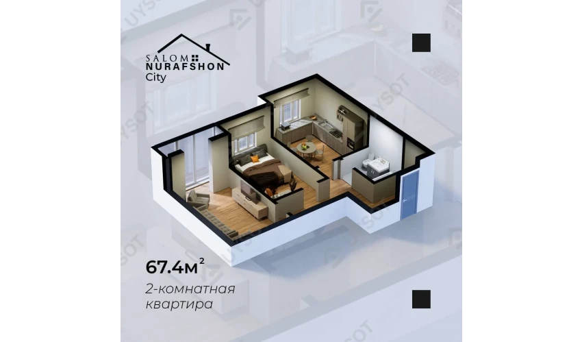 2-комнатная квартира 67.4 м²  2/9 этаж | Жилой комплекс Salom Nurafshon city