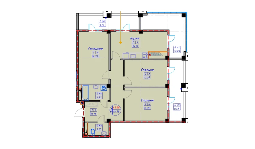 3-комнатная квартира 119.56 м²  1/12 этаж | Жилой комплекс SPUTNIK AVENUE