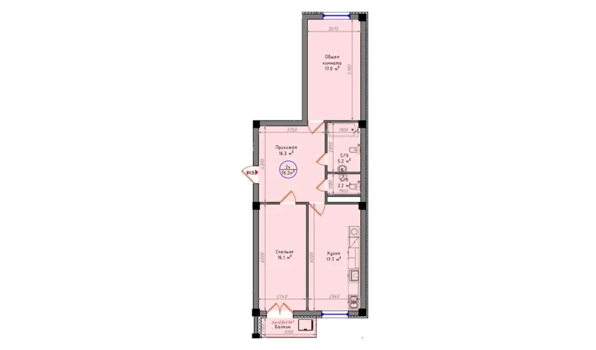 2-xonali xonadon 76.2 m²  2/12 qavat | Zamin Jizzax Turar-joy majmuasi