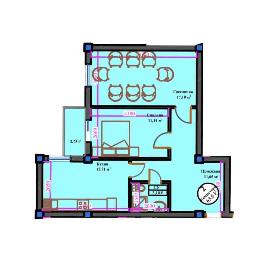 2-xonali xonadon 63.5 m²  6/11 qavat | ANHOR AVENUE Turar-joy majmuasi