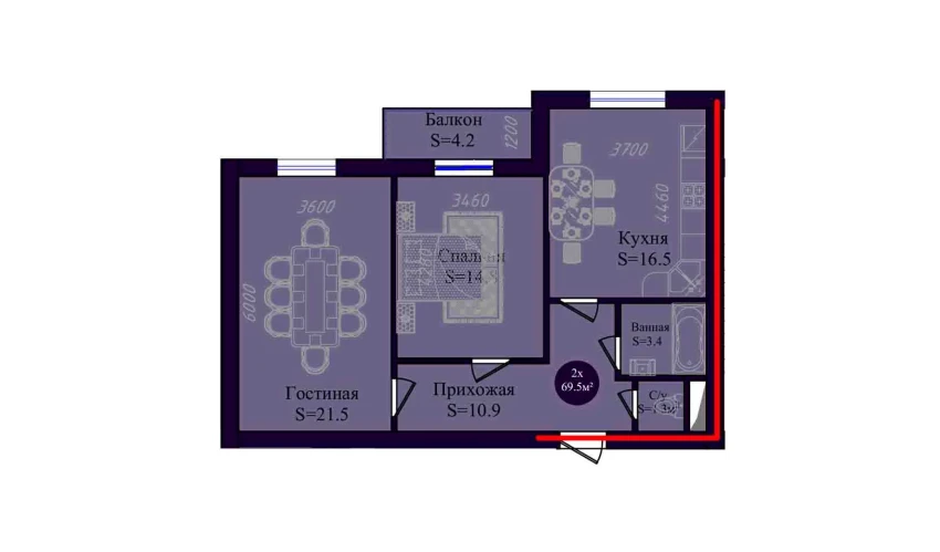 2-xonali xonadon 69.5 m²  6/8 qavat | Navruz Avenue Turar-joy majmuasi