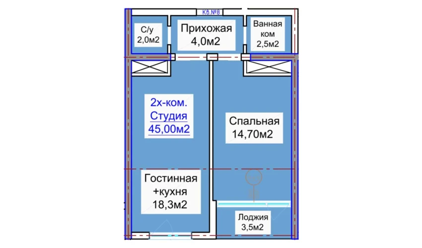 2-комнатная квартира 45.9 м²  2/16 этаж | Жилой комплекс ELITE ECO CITY