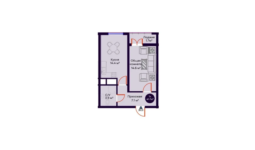1-комнатная квартира 41.7 м²  10/16 этаж | Жилой комплекс Crystal Avenue