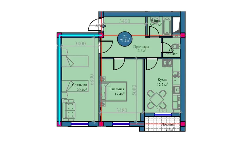 2-комнатная квартира 71.2 м²  7/14 этаж | Жилой комплекс Zamin Urgut