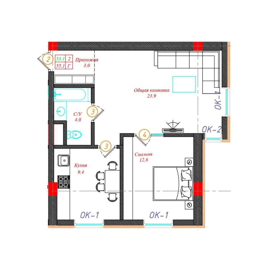 2-комн. квартира 55.1 м²  1/12 этаж | Жилой комплекс CHINARA PARK