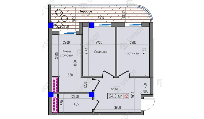 2-xonali xonadon 64.5 m²  2/16 qavat | Park Avenue Turar-joy majmuasi