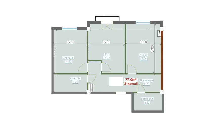 2-комнатная квартира 77 м²  9/9 этаж | Жилой комплекс YANGI AVLOD