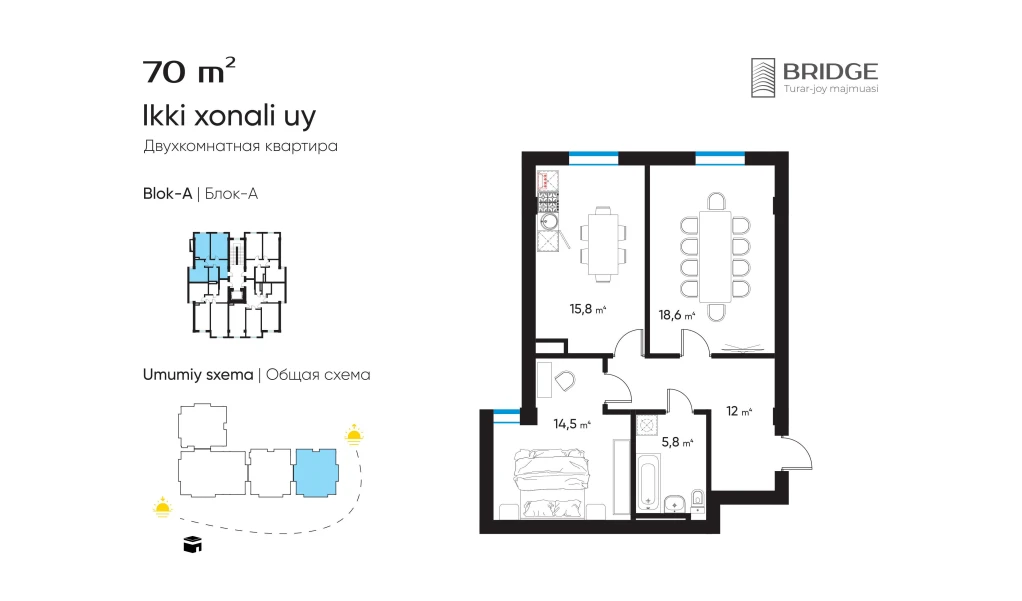 2-комн. квартира 70 м²  9/10 этаж | Жилой комплекс BRIDGE
