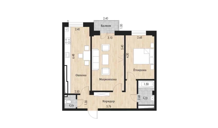 2-комнатная квартира 62.41 м²  2/10 этаж | Жилой комплекс Ko'kcha-Oqtepa