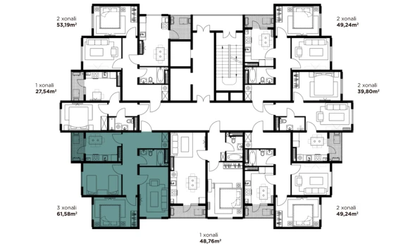 3-комнатная квартира 61.58 м²  2/16 этаж | Жилой комплекс BASHKENT