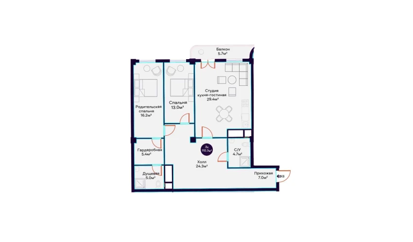 3-комнатная квартира 110.7 м²  12/16 этаж | Жилой комплекс Havas Premium