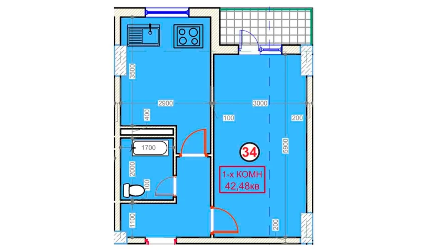 1-комнатная квартира 42.48 м²  4/9 этаж | Жилой комплекс XUMO