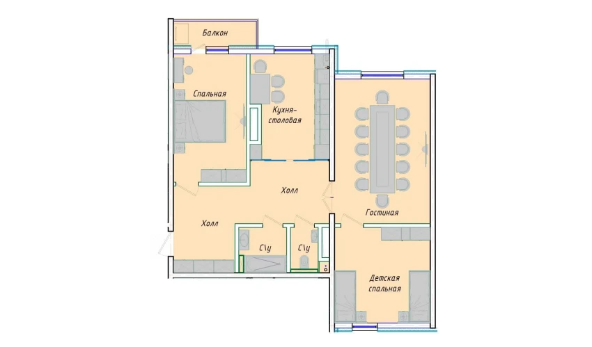 2-xonali xonadon 91.42 m²  9/12 qavat | SERGELI CITY Turar-joy majmuasi