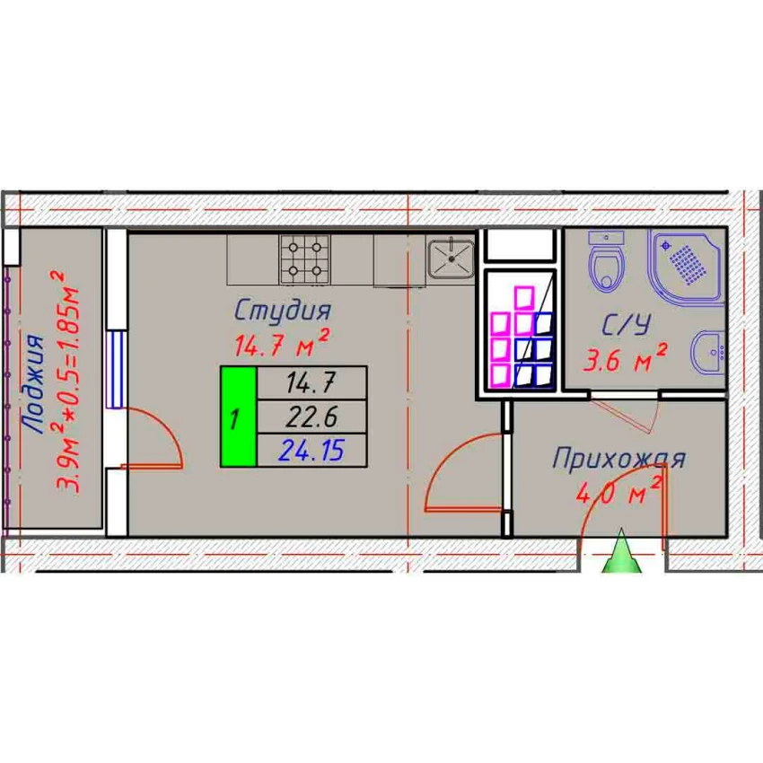 1-комн. квартира 24.85 м²  11/30 этаж | Жилой комплекс ECO TOWER