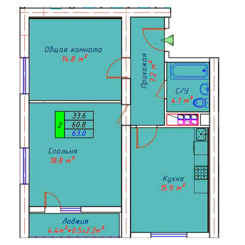 2-xonali xonadon 63 m²  13/30 qavat | ECO TOWER Turar-joy majmuasi