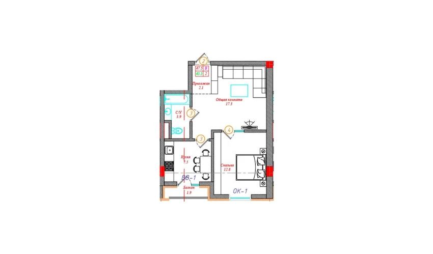 2-xonali xonadon 47.5 m²  8/12 qavat | CHINARA PARK Turar-joy majmuasi