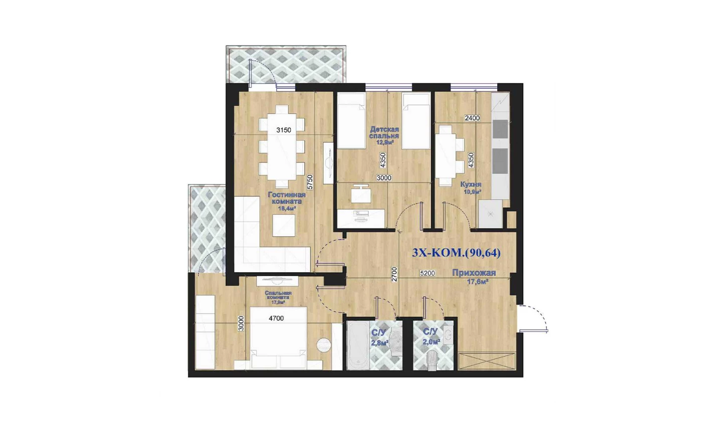 3-комн. квартира 90.64 м²  7/7 этаж | Жилой комплекс O'ZBEGIM