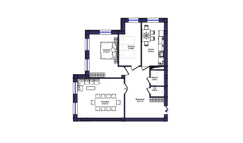 3-комнатная квартира 94.28 м²  1/10 этаж | Жилой комплекс KAMALAK