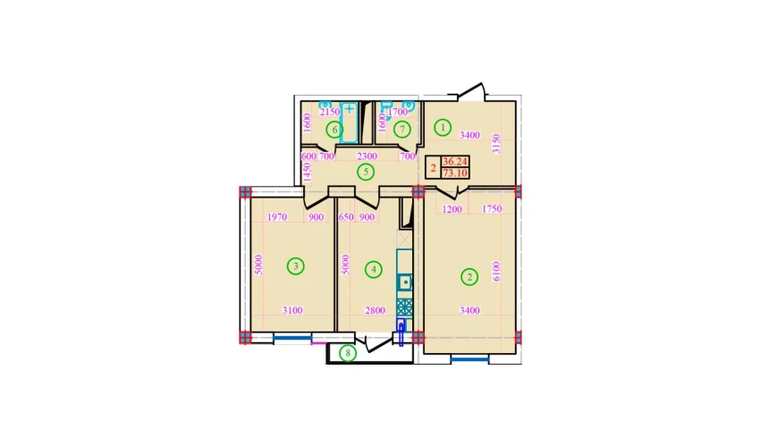 2-xonali xonadon 73.1 m²  3/5 qavat | Bog’zor Turar-joy majmuasi