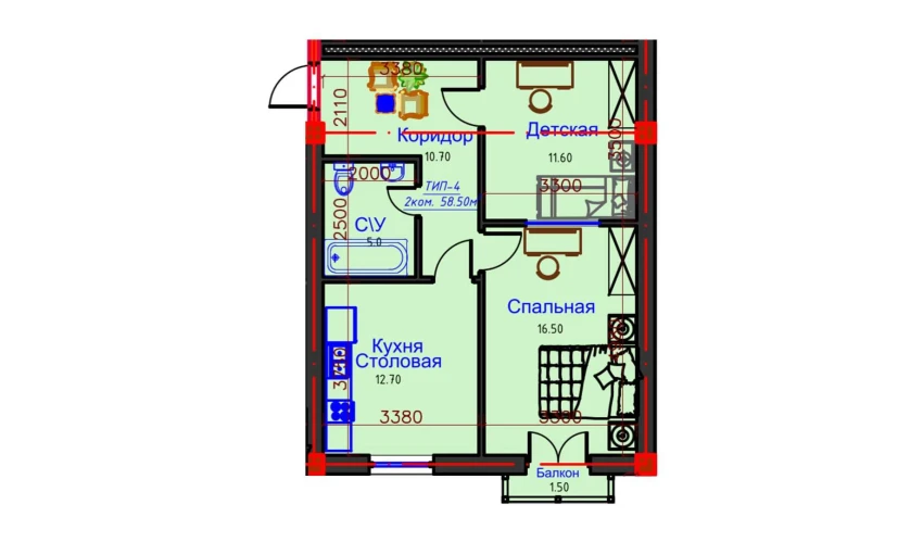 2-xonali xonadon 58.5 m²  10/10 qavat | AFROSIYOB Turar-joy majmuasi