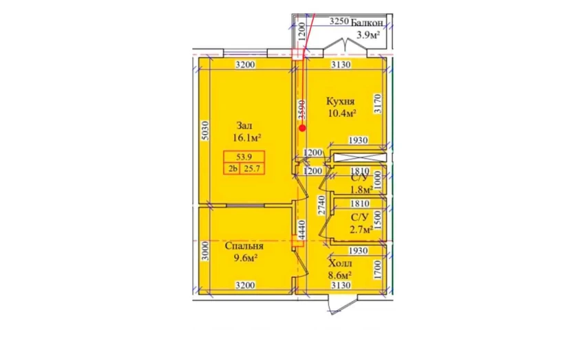 2-xonali xonadon 53.9 m²  4/9 qavat | CHIRCHIQ CITY Turar-joy majmuasi