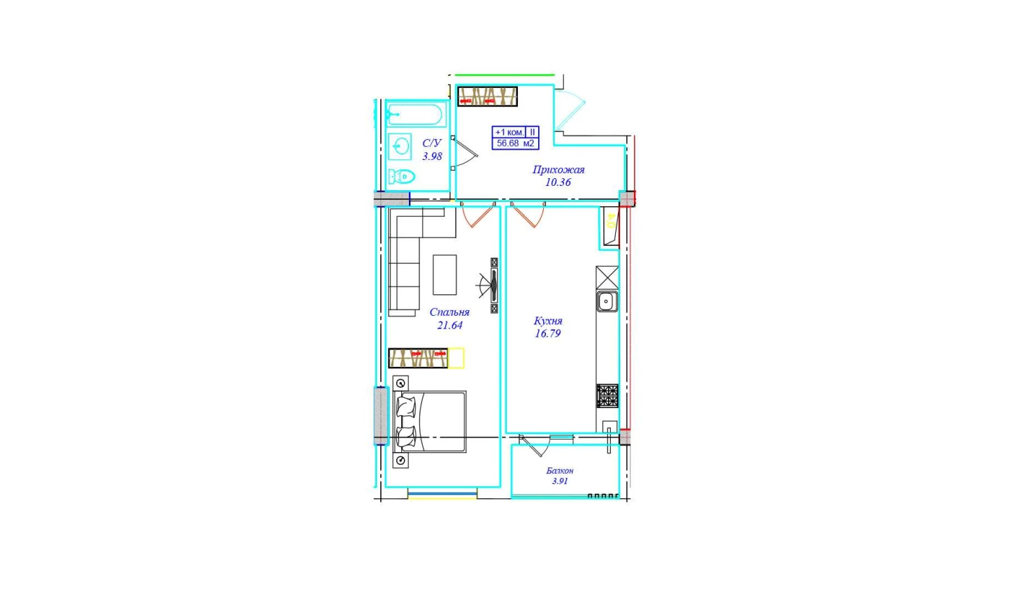1-xonali xonadon 56.68 m²  8/17 qavat | UCHTEPA CITY Turar-joy majmuasi
