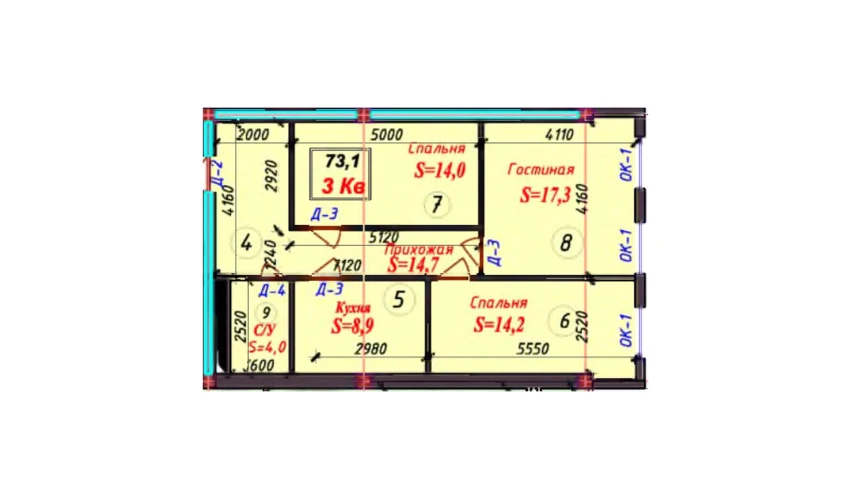 3-комнатная квартира 72.8 м²  2/9 этаж | Жилой комплекс SAMARQAND CITY